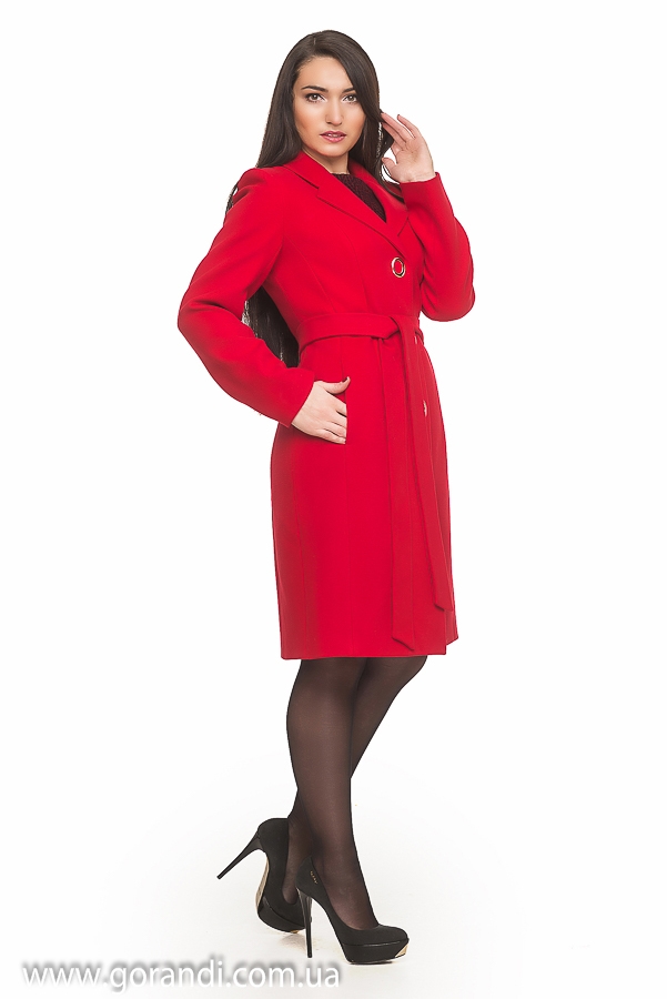 Пальто женское классическое осеннее, весеннее, демисезонное из кашемира, красное, с поясом, средней длинны, воротник пиджачного типа.Центральная застежка на 4 декоративные кнопки.Карман в шве. фото Размер: 44-54 