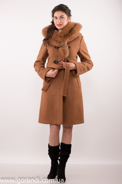 Женское пальто зима, натуральный мех. Светло коричневое, песочное. С поясом. Длинна средняя. фото