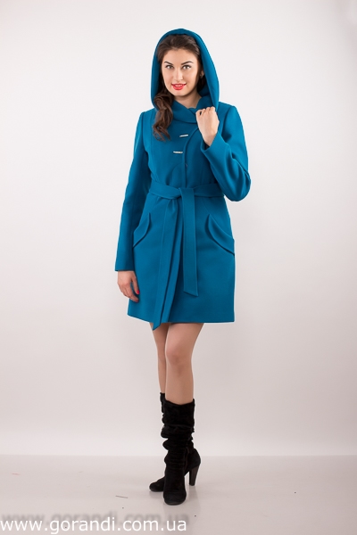 Женское полу пальто осень весна с капюшоном, на поясе голубого цвета фото Размер: 42-54 Фото