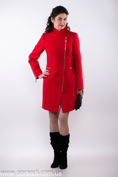 Весеннее осеннее пальто приталенное красное на застёжке молнии, средней длинны. фото