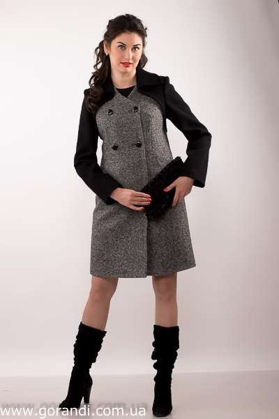 Пальто женское демисезонное комбинированное. Цвет серый чёрный тёмный фото